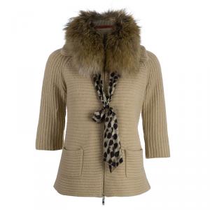 Pre Owned CH Carolina Herrera Beige Wool Fox Fur Cardigan XS