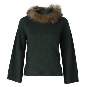 Pre Owned CH Carolina Herrera Green Raccoon Fur Trim Sweater S