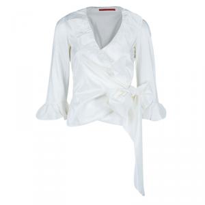 Pre Owned CH Carolina Herrera White Ruffle Detail Silk Top S