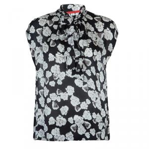 Pre Owned CH Carolina Herrera Black Silk Floral Print Tie Detail Sleeveless Top M