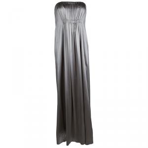 Pre Owned CH Carolina Herrera Silver Silk Strapless Gown M