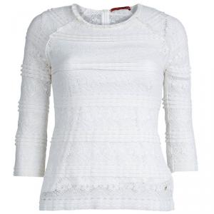 Pre Owned CH Carolina Herrera White Floral Lace Long Sleeve Top XS