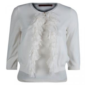 CH Carolina Herrera Off-White Knit Ruffle Detail Cropped Cardigan XS