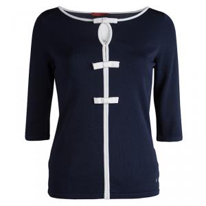 Pre Owned CH Carolina Herrera Navy Blue Knit Bow Detail  Top S