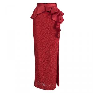 Pre Owned CH Carolina Herrera Red Lace Ruffle Trim Slit Detail Maxi Skirt S