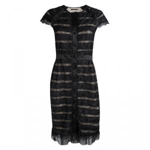 Pre Owned CH Carolina Herrera Black Scallop Lace Button Front Dress S