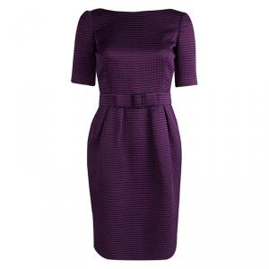 Pre Owned CH Carolina Herrera Purple Textured Buckle Detail Short Sleeve Dress S