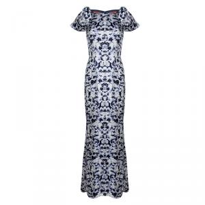 Pre Owned CH Carolina Herrera Blue Floral Printed Silk Maxi Dress S