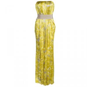 Pre Owned CH Carolina Herrera Yellow Printed Silk Pleat Detail Strapless Maxi Dress S