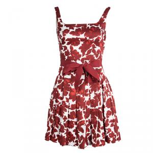 Pre Owned CH Carolina Herrera Red Floral Printed Pleat Detail Sleeveless Dress XS