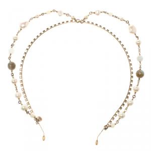 Pre Owned Chanel Faux Pearl & Bead Embellished Gold Tone Head Band 
