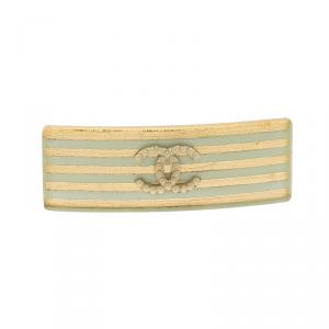 Pre Owned Chanel CC Faux Pearl Gold Tone and Sea Green Resin Hair Clip 