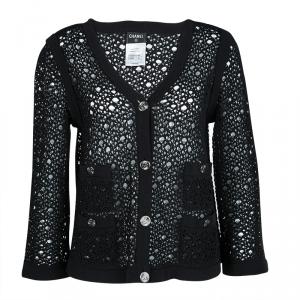 Chanel Black Crochet Knit Button Front Boucle Cardigan L