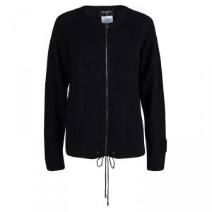 Pre Owned Chanel Black Cashmere Chenille Embroidered Zip Front Cardigan L