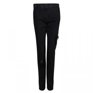 Pre Owned Chanel Black Distressed Denim Embroidered Patch Detail Straight Fit Jeans M