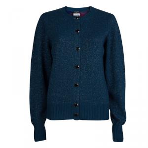 Chanel Peacock Blue Lurex Knit Button Front Cashmere Cardigan M 
