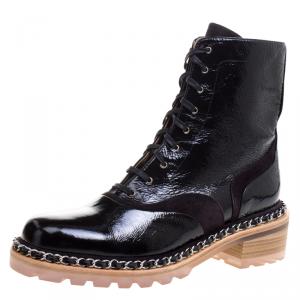 Chanel Black Patent Leather Chain Detail Lace Up Boots Size 40
