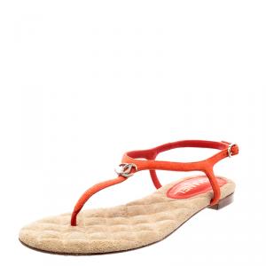Chanel Orange Suede CC Embellished T Strap Thong Sandals Size 38