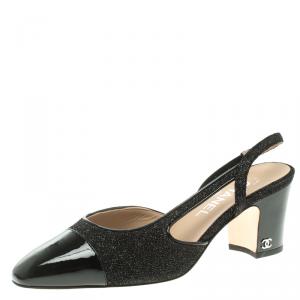 Chanel Black Glitter Fabric and Leather Cap Toe Block Heel Slingback Sandals Size 38