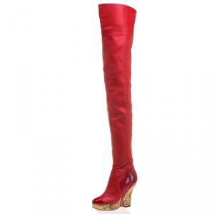 Chanel Red Leather Metallic Gold Brocade Wedge Thigh High Boots Size 37.5