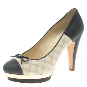 Pre Owned حذاء كعب عالي شانيل نعل سميك فيونكة كانفاس بيج وجلد رمادي مقاس 38.5