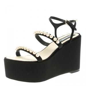 Chanel Black Canvas Pearl Embellished Platform Wedge Ankle Strap Sandals Size 40.5