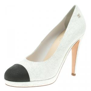 Pre Owned حذاء كعب عالي شانيل بنعل سميك ومقدمة جلد مشقق مونوكرومي مقاس 38