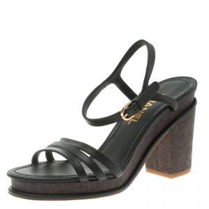 Chanel Black Leather and Cork Block Heel Sandals Size 38