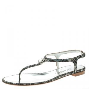 Chanel Black Metallic Suede Crystal CC Thong Flat Sandals Size 36.5