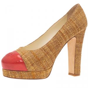 Chanel Beige and Red Woven Strap Platform Pumps Size 38