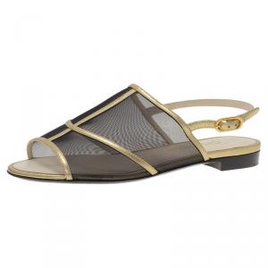 Pre Owned صندل فلات شانيل جلد ذهبي وشبك سوداء مقاس 36.5