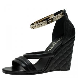 Chanel Black Quilted Leather Bracelet Ankle Strap Wedge Sandals Size 39 