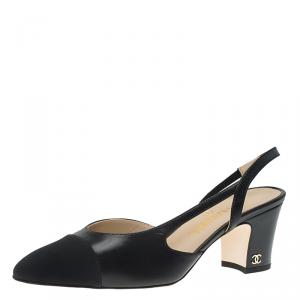 Chanel Black Leather Block Heel Slingback Sandals Size 37