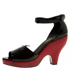 Chanel Black Patent Cross Strap Wedge Sandals Size 40.5