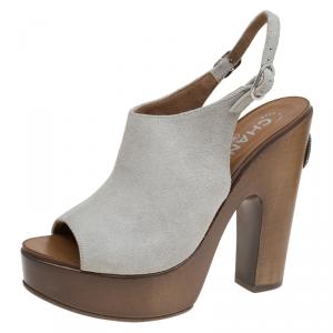 Chanel Grey Suede Wooden Platform Slingback Sandals Size 38
