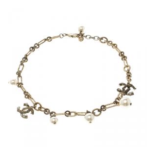 Pre Owned Chanel CC Faux Pearl Crystal Gold Tone Chain Necklace