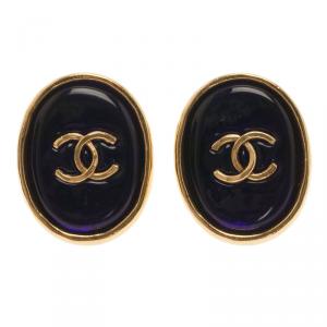 مملوكة مسبقًا حلق شانيل فينتدج أزرق بكليب ذهبي اللون