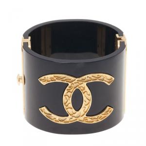 Chanel CC Ornate Black Resin Bangle Bracelet
