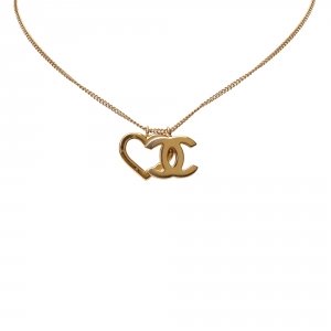 Chanel CC Heart Pendant Gold Tone Necklace