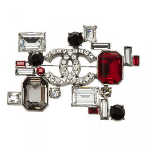 Chanel CC Geometric Black And Red Crystal Silver Tone Brooch
