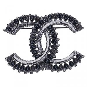 Pre Owned Chanel CC Black Drop Silver Tone Metal Brooch