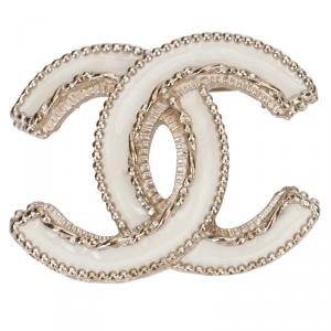 Pre Owned Chanel CC Cream Enamel Gold Tone Brooch