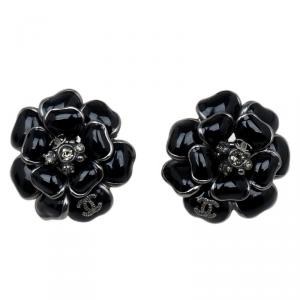 Pre Owned Chanel Black Camellia Stud Earrings