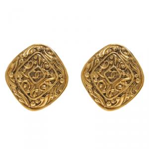 Pre Owned Chanel Vintage CC Logo Rhombus Gold Tone Clip On Stud Earrings