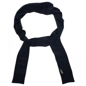مملوكة مسبقًا Chanel CC Navy Blue Logo Embroidered Silk Scarf