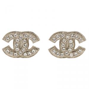 Pre Owned Chanel CC Crystal Medium Silver Tone Clip-On Stud Earrings