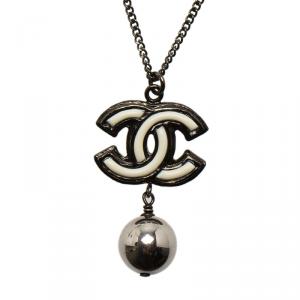 Chanel CC Black and White Metal Drop Pendant Necklace