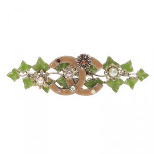 Pre Owned Chanel CC Ivy Leaves Enamel Faux Pearl Crystals Silver Tone Brooch