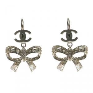 Pre Owned Chanel CC Crystal Bow Silver Tone Drop Earrings