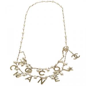 Pre Owned Chanel CC Coco Chanel Enamel Charms Faux Pearl Gold Tone Necklace / Belt